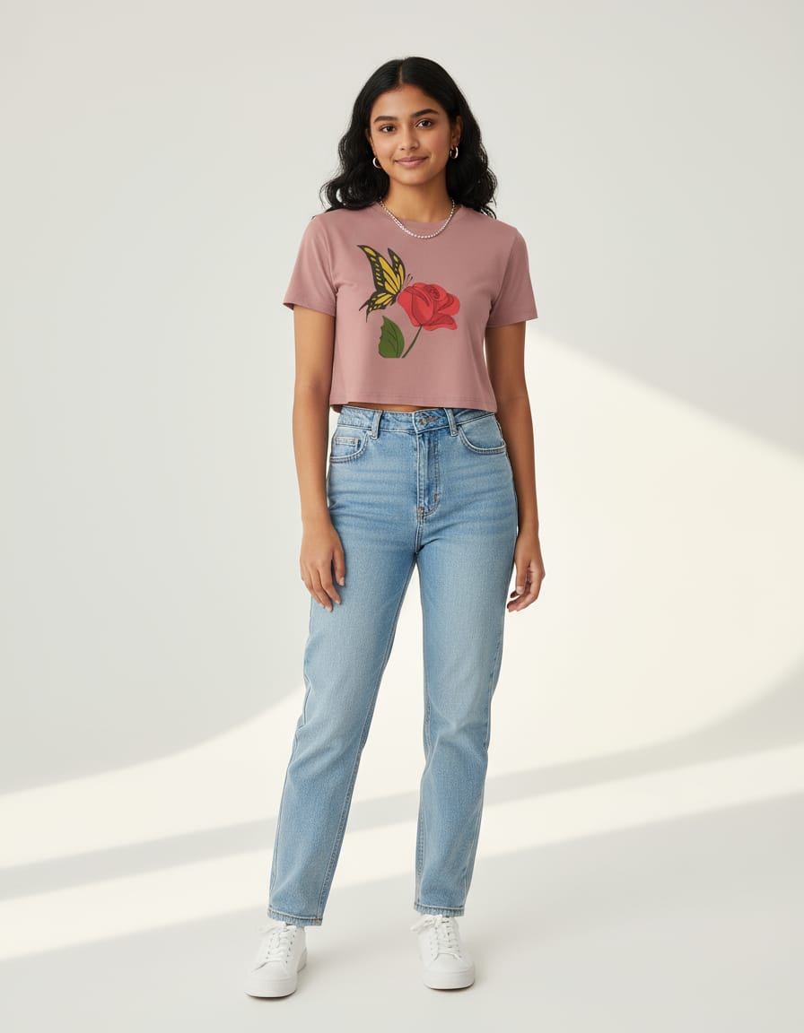 Butterfly & Rose Printed Crop Top for Girls