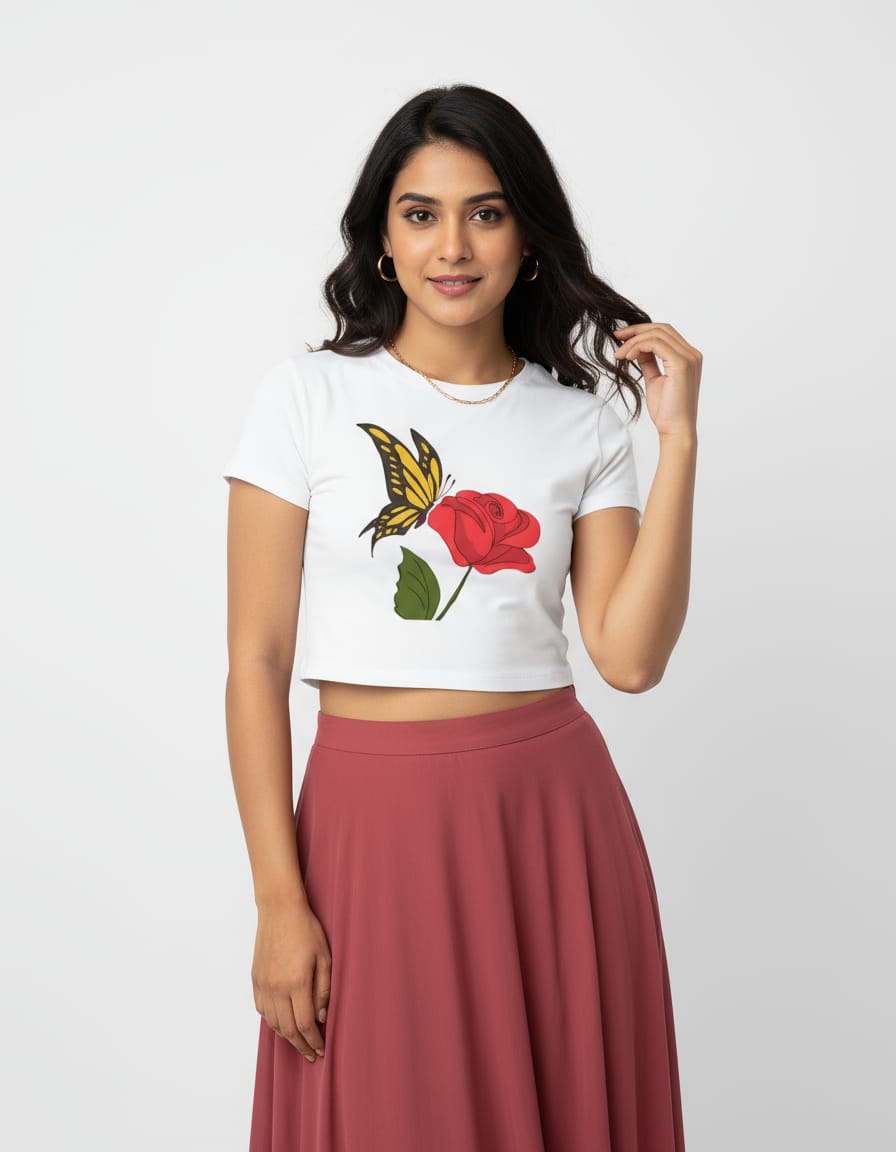 Butterfly & Rose Printed Crop Top for Girls