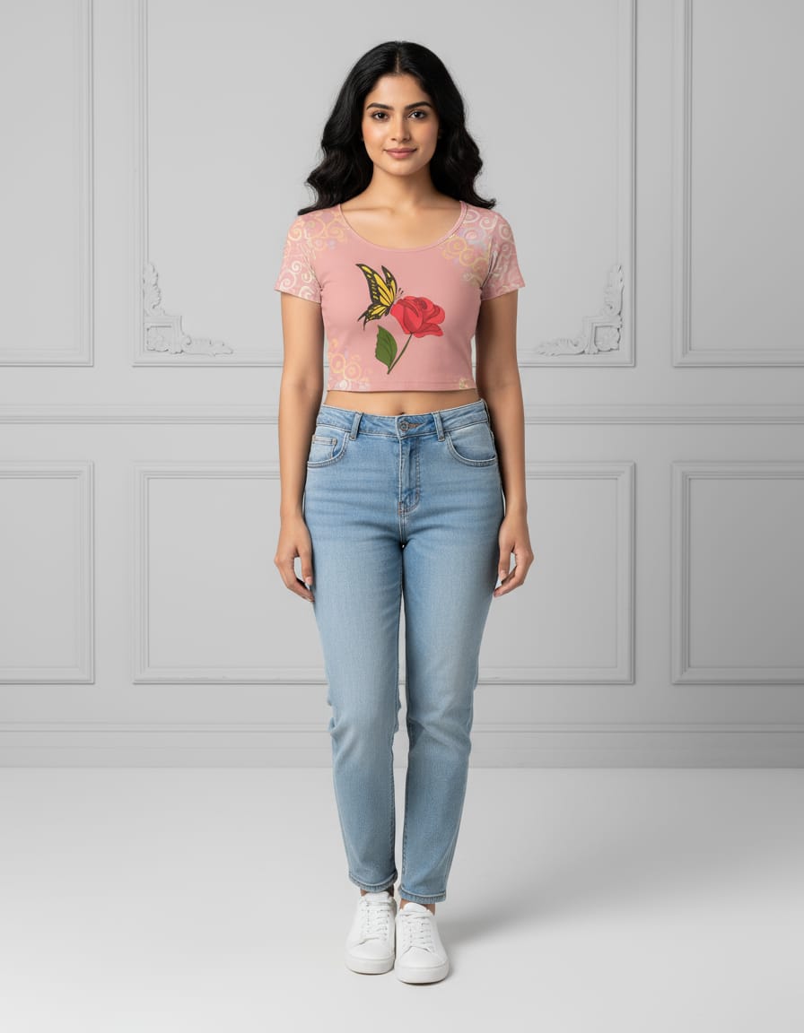 Butterfly & Rose Printed Crop Top for Girls